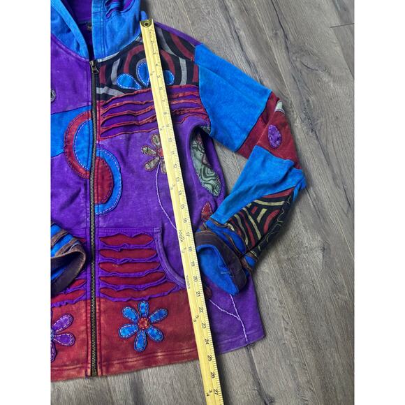 Rising International Patchwork Boho Hoodie Jacket Multicolor Cotton L Nepal - Picture 7 of 7